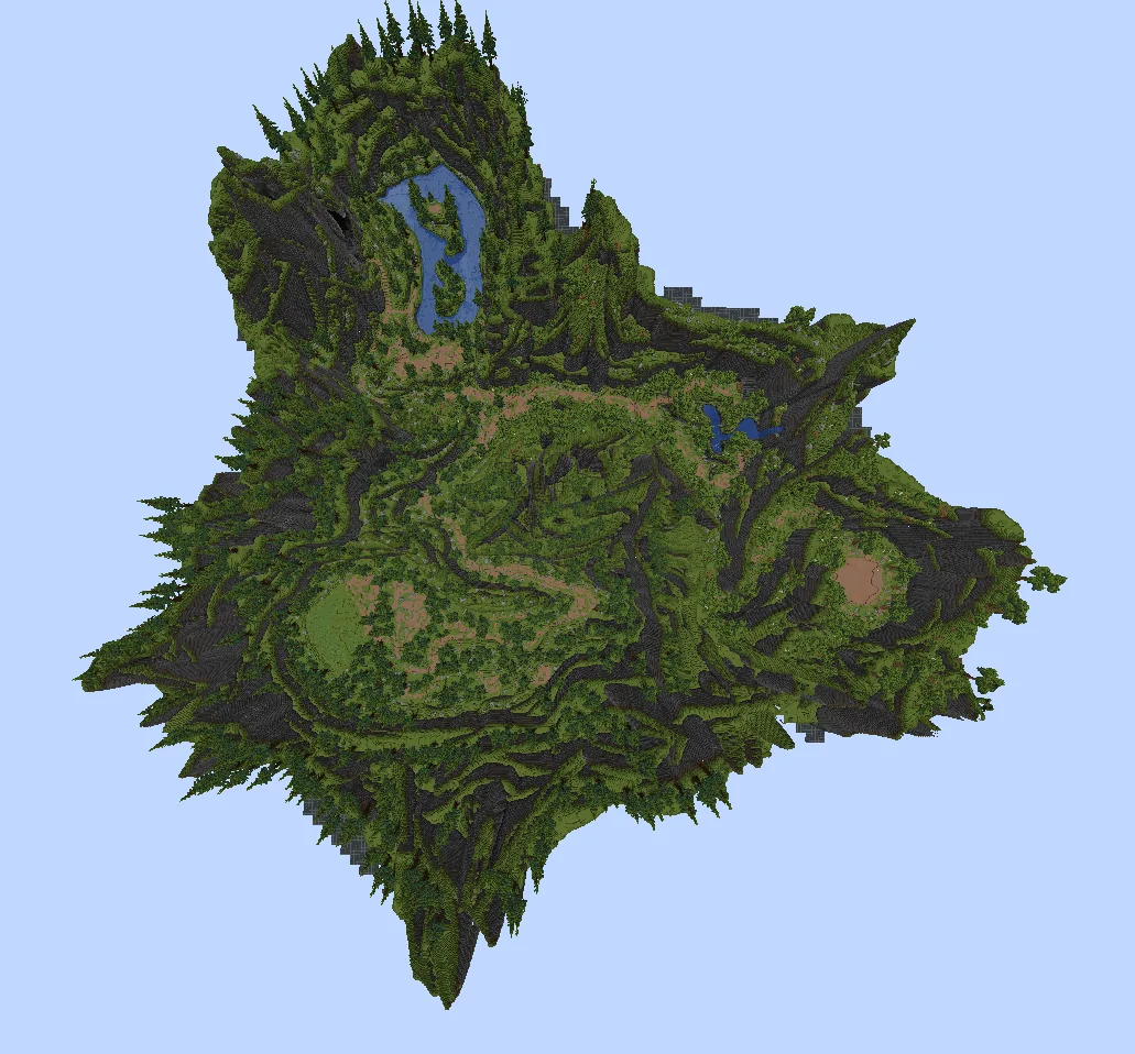 Vista aérea de una isla montañosa construida en Minecraft