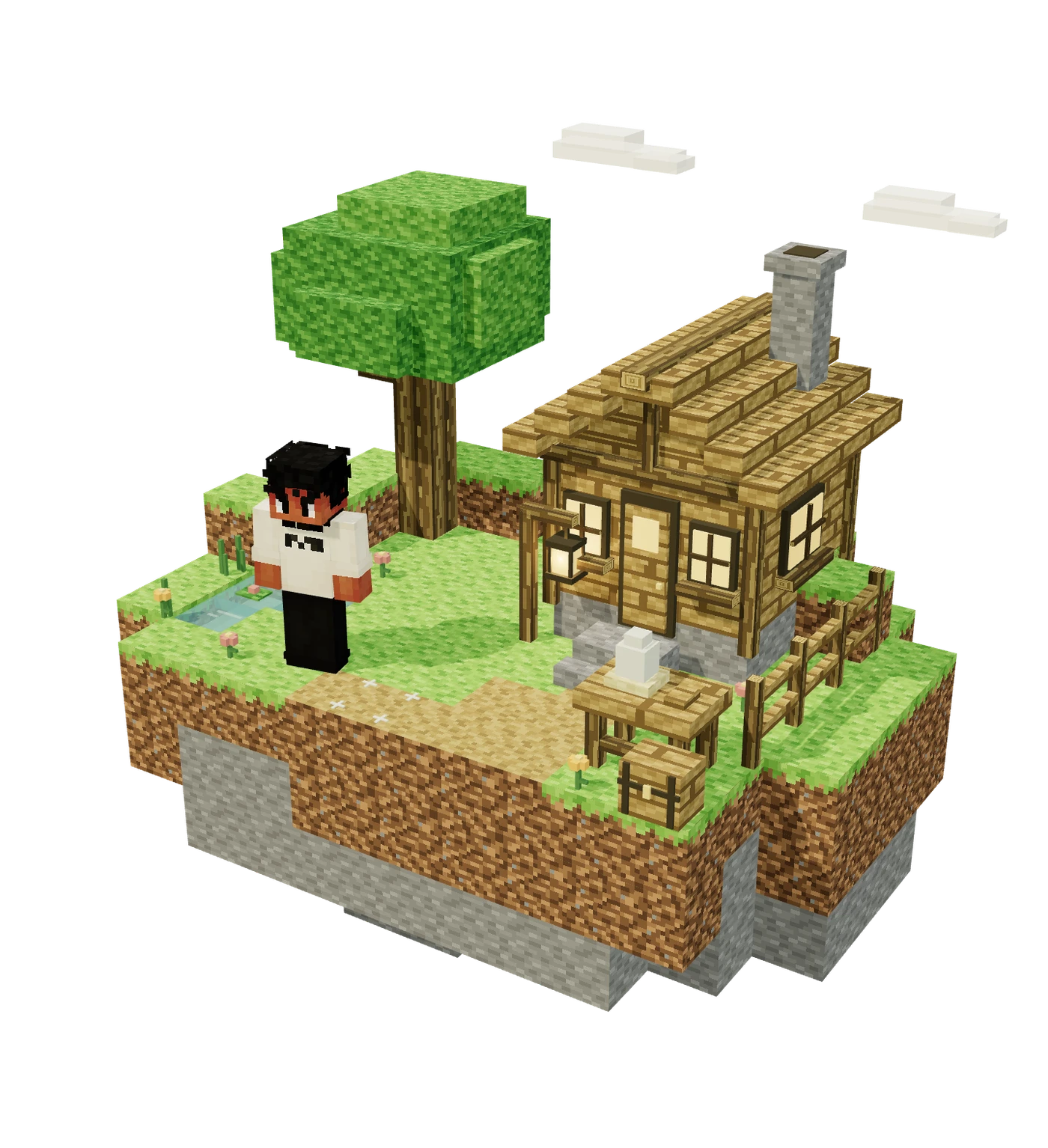 El personaje de James en una isla de bloques con vegetación y una casa de madera.